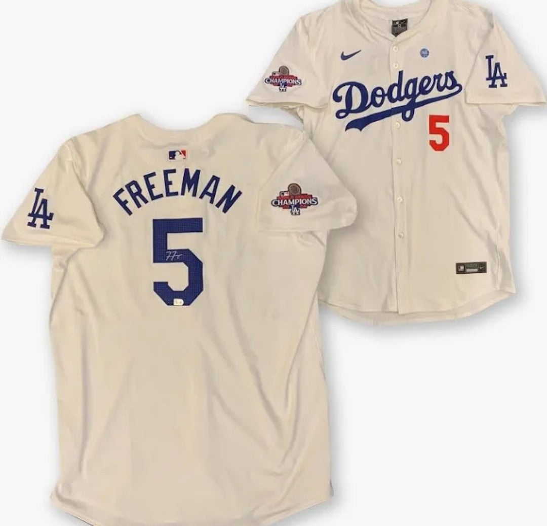 Freddie Freeman Autographed White LA Dodgers Authentic Jersey with 24 & 25 WS Logo Patches