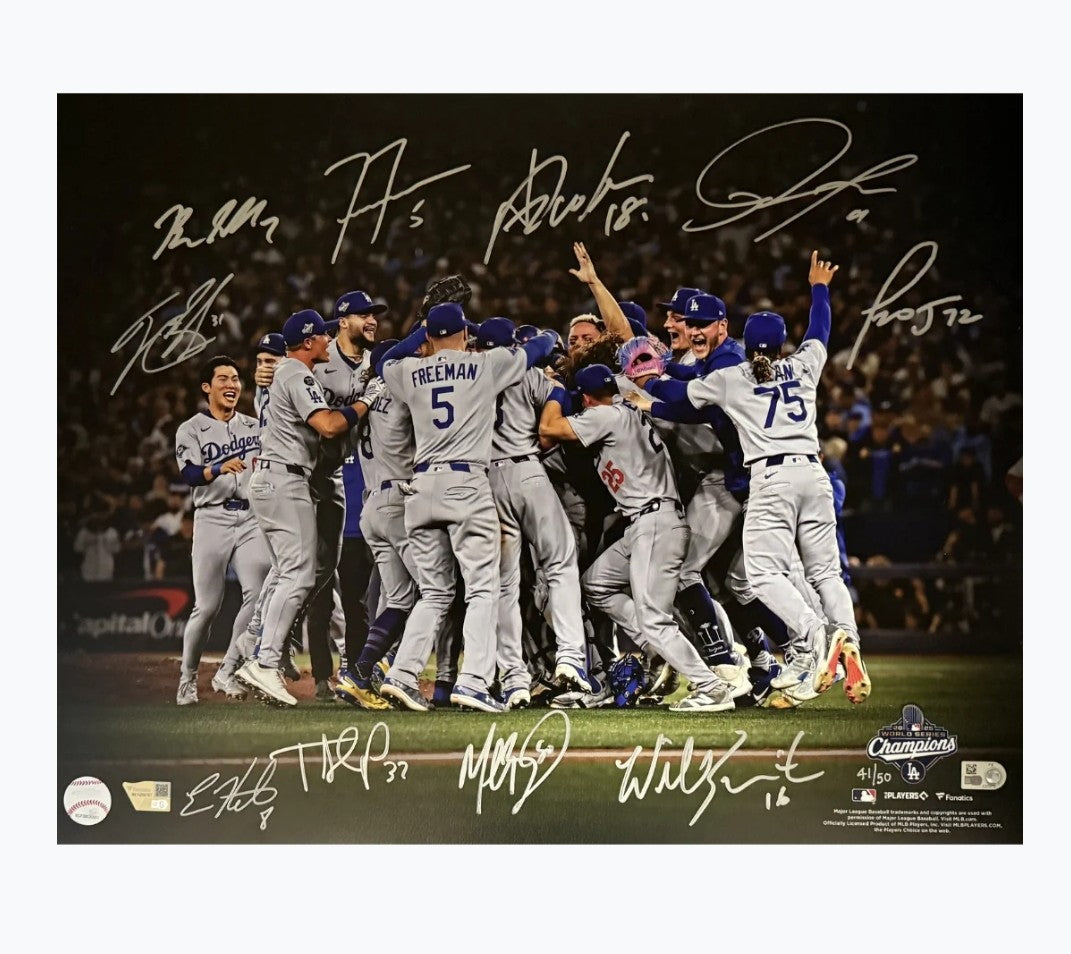 Los Angeles Dodgers 2025 World Series Team Autographed Celebration 16x20 - Yoshinobu Yamamoto, Roki Sasaki, Freddie Freeman, Mookie Betts, Will Smith, Teoscar Hernandez, Blake Snell, Kike Hernandez, Miguel Rojas, Tyler Glasnow