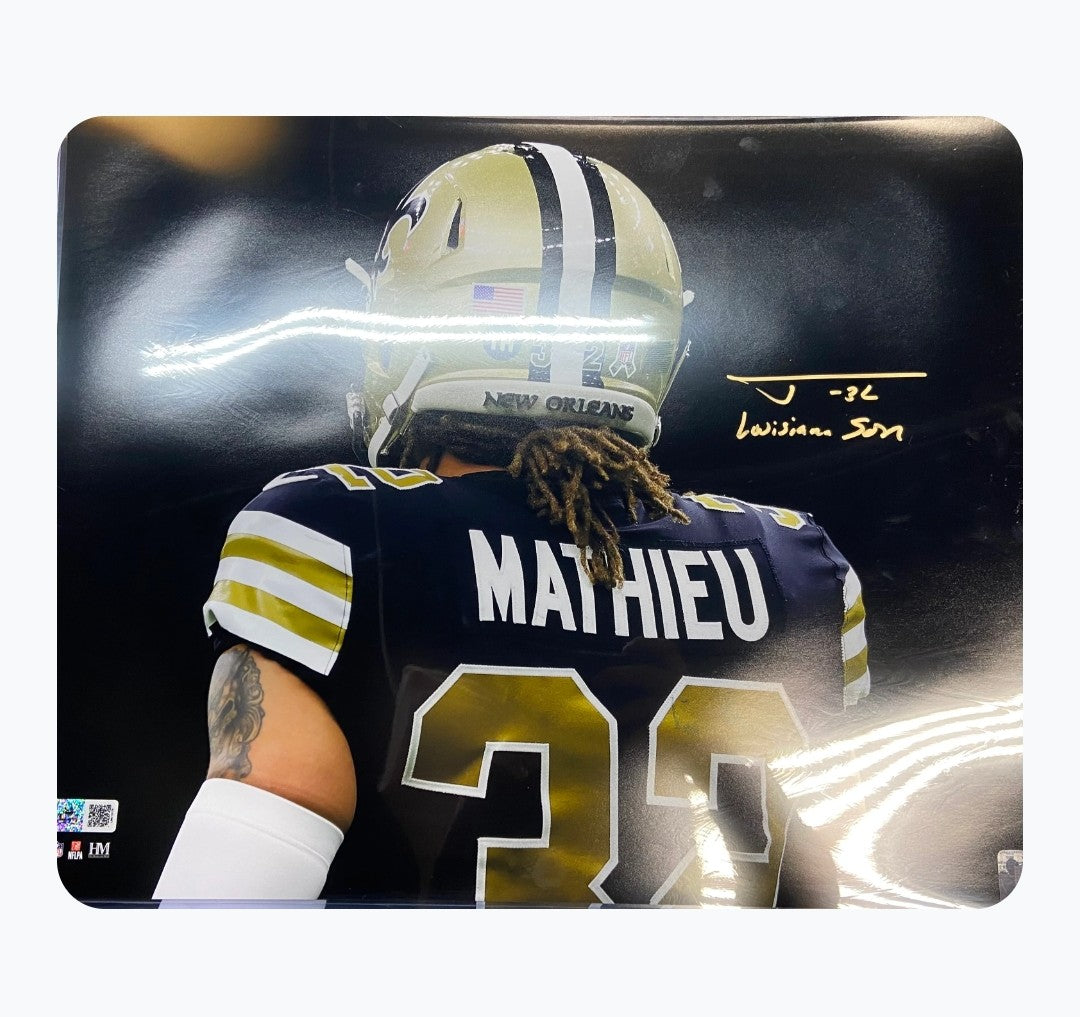 Tyrann Mathieu Autographed "Louisiana Son" 16x20 - Saints Back Close Up