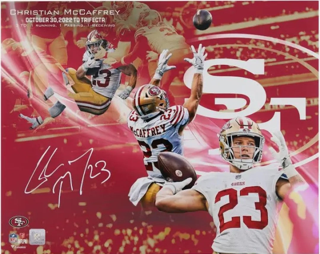 Christian McCaffrey Autographed 16x20 49ers Trifecta Collage Beckett BAS Witness